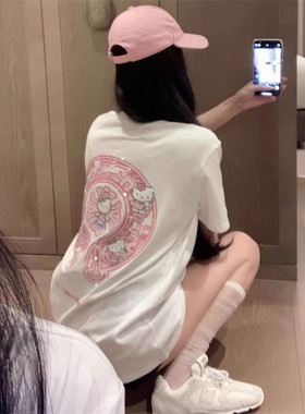 梵文猫咪重工烫钻短袖T恤女夏季小众设计感宽松显瘦减龄休闲上衣