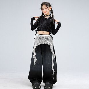 爵士舞女童服装 jazz走秀街舞潮服表演服女 露脐黑色闪钻舞蹈服套装