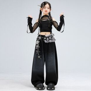 少儿爵士舞服装 jazz女孩街舞表演服女 女童露脐网孔闪钻舞蹈服套装