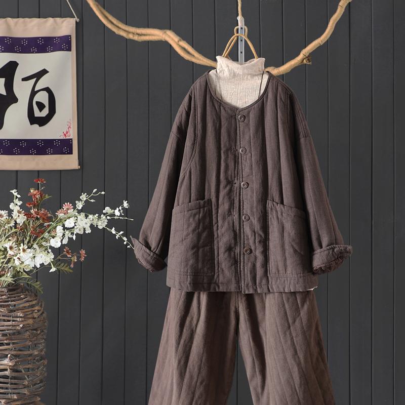 做旧棉麻棉衣棉服女宽松圆领冬季