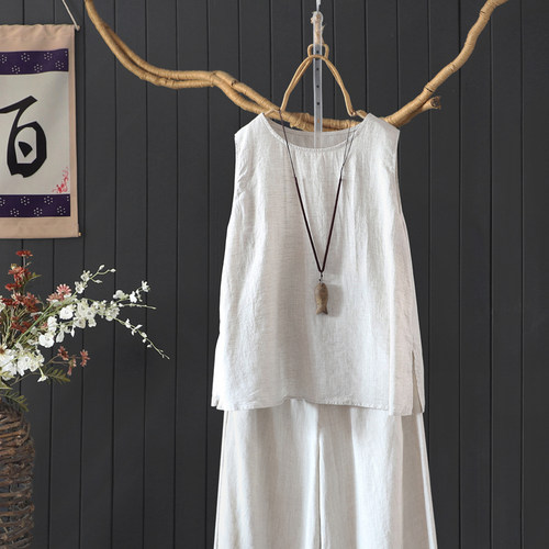 春夏季圆领纯色亚麻背心马甲女