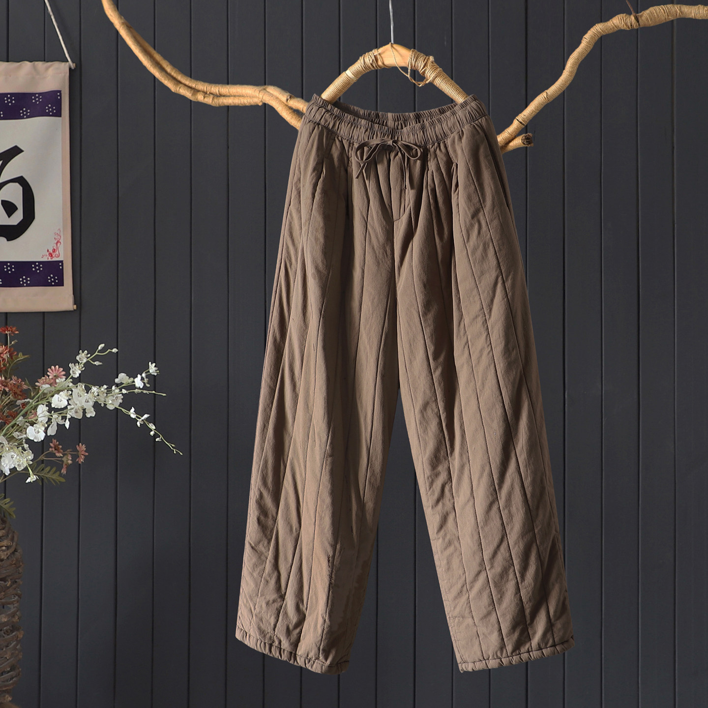 冬季文艺宽松绗线夹棉保暖灯笼长裤萝卜裤女慵懒纯色棉裤老爹裤女