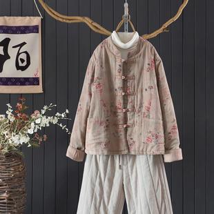 文艺韵雅碎花印花夹棉加厚外套女复古中式盘扣翻边袖口棉衣棉服冬