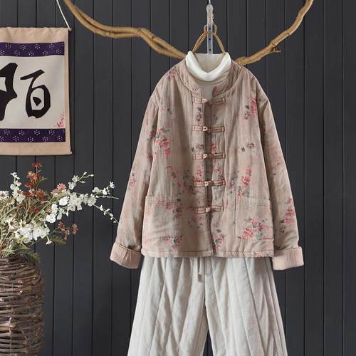 复古中式宽松碎花印花棉衣棉服女