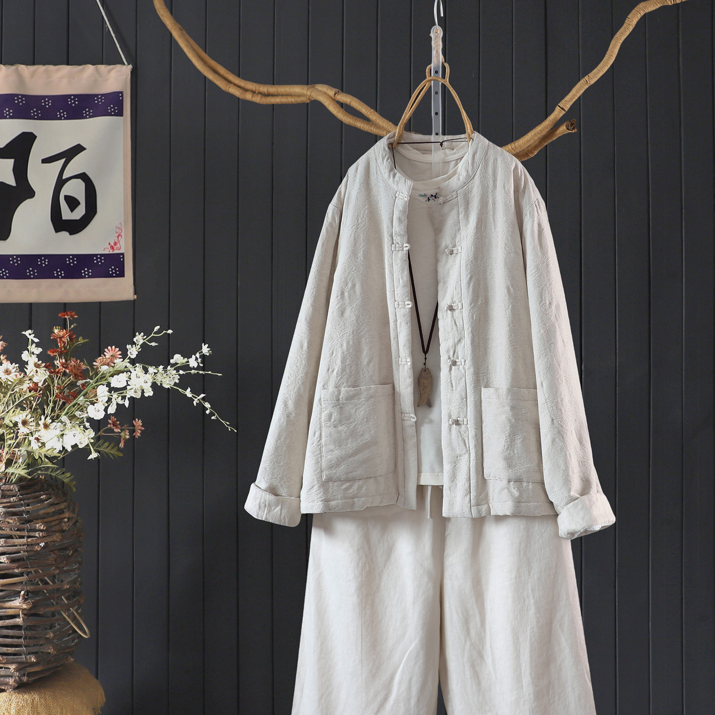 文艺国风暗纹提花夹棉加厚棉麻保暖外套女宽松盘扣长袖棉衣棉服冬