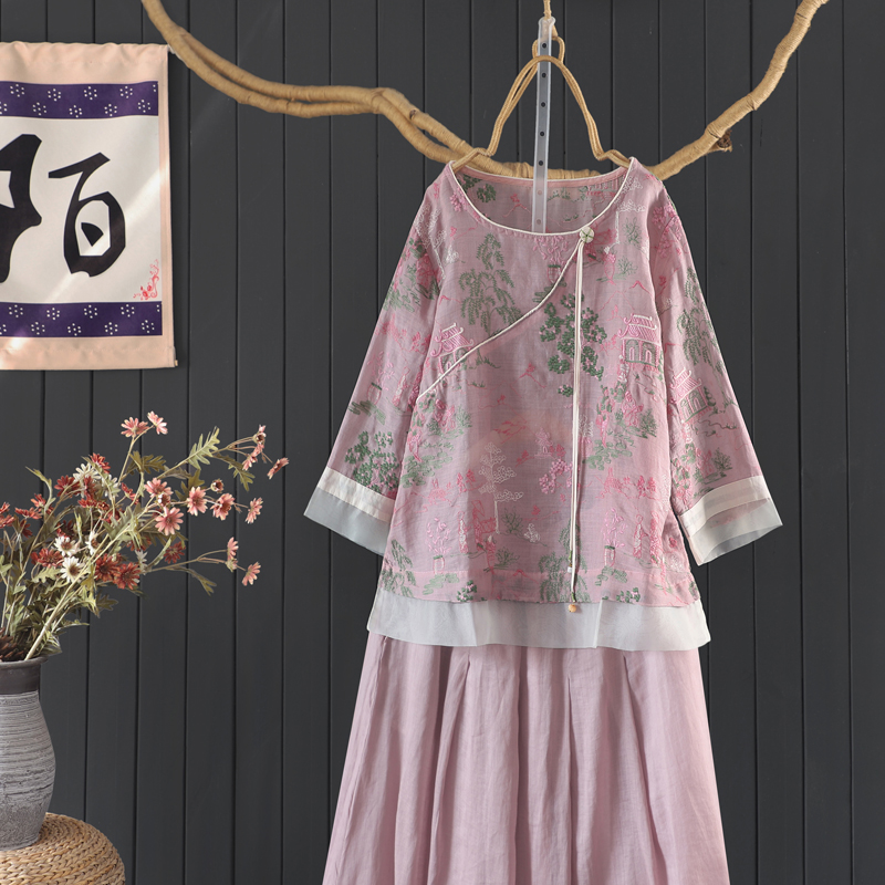 復古國風刺繡繡花茶服苧麻T恤女