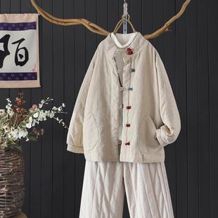 文艺彩色盘扣夹棉加厚亚麻保暖外套女冬季国风遮臀中长款棉衣棉服