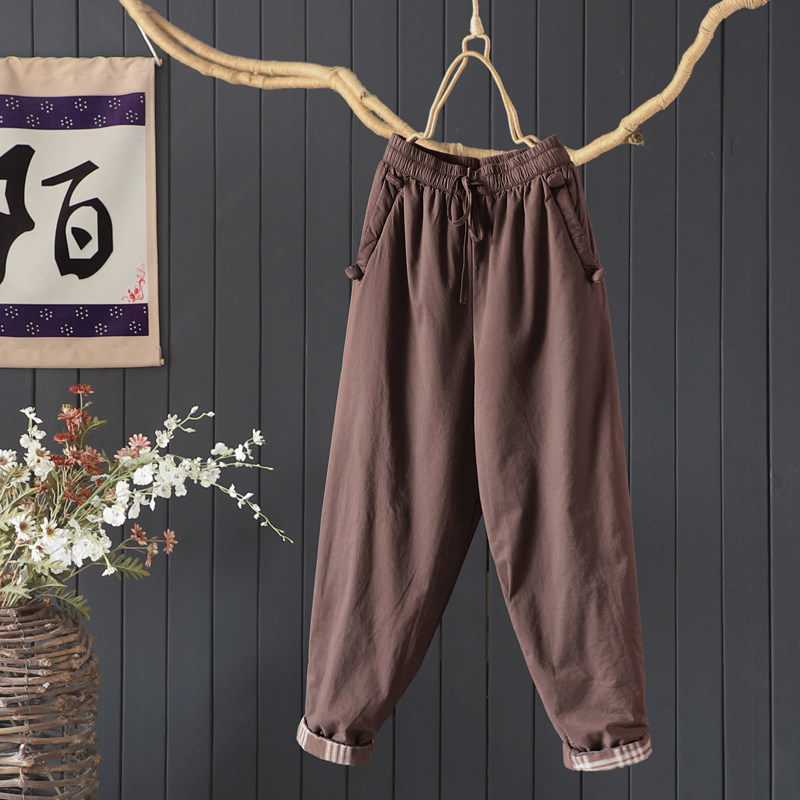 2024年冬宽松文艺夹棉加厚哈伦裤全棉长裤可翻边系带纯色女士棉裤,女装/女士精品,棉裤/羽绒裤,淘宝优惠券,粉丝福利购,淘宝优惠卷