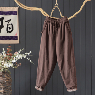 可翻边系带纯色女士棉裤 2024年冬宽松文艺夹棉加厚哈伦裤 全棉长裤