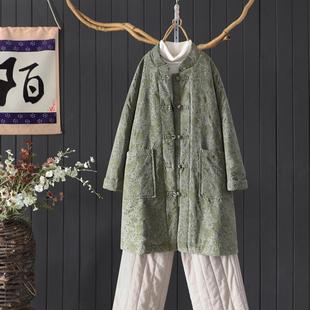 复古文艺暗纹提花亚麻外套冬季夹棉加厚慵懒中长款过膝棉衣棉服女