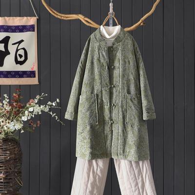 过膝复古文艺宽松慵懒提花棉衣女