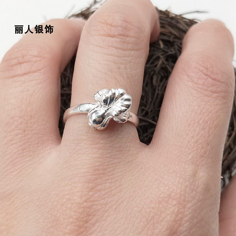 包邮纯手工制品 99纯银戒指女 银戒子 百财中国风99足银白菜戒指