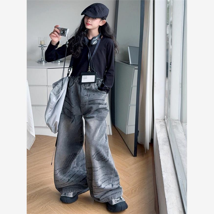女童美式水洗灰色牛仔老爹裤黑色百搭打底长袖衫两件套2025秋季潮