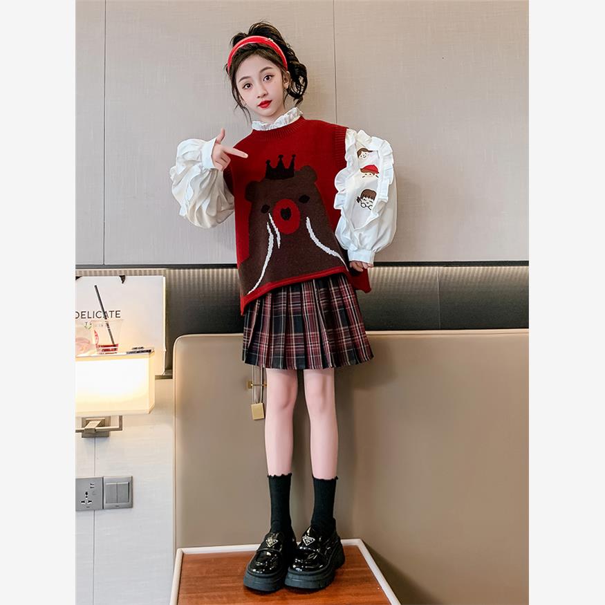 女生连衣裙2025春秋季新款儿童红色百褶裙中号和大号儿童新年裙Jk