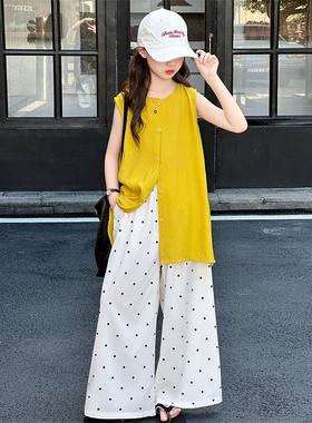 女童黄色无袖背心波点阔腿裤套装2025儿童松弛感穿搭巨好看两件套