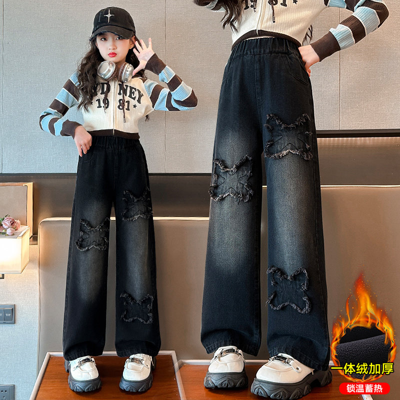 女童牛仔裤加绒加厚秋冬中大童儿童黑色一体绒宽松裤子冬季阔腿裤