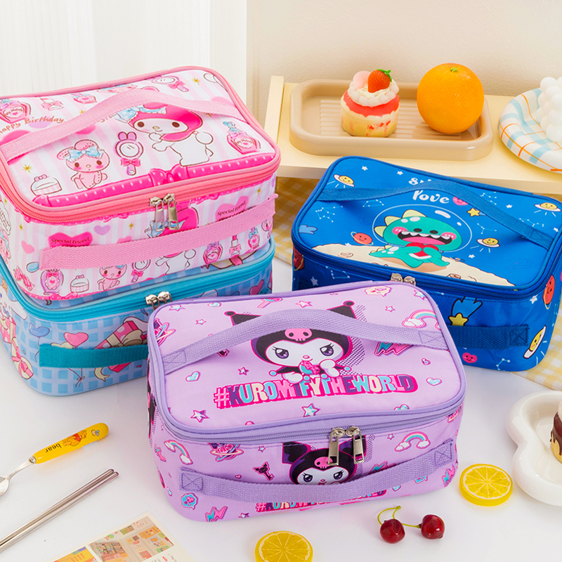 卡通可爱小学生饭盒袋手提包扁平防水儿童大容量手拎保温便当餐包