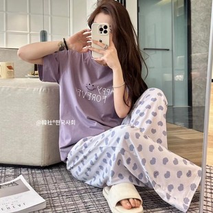 韩社凉感纯棉爱心笑脸家居服套装 睡衣 女夏季 舒适休闲宽松圆领短袖