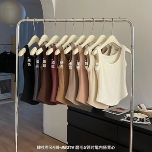 韓社磨毛U領時尚 舒適修身 加絨純色打底衫 保暖內搭背心女秋冬新款