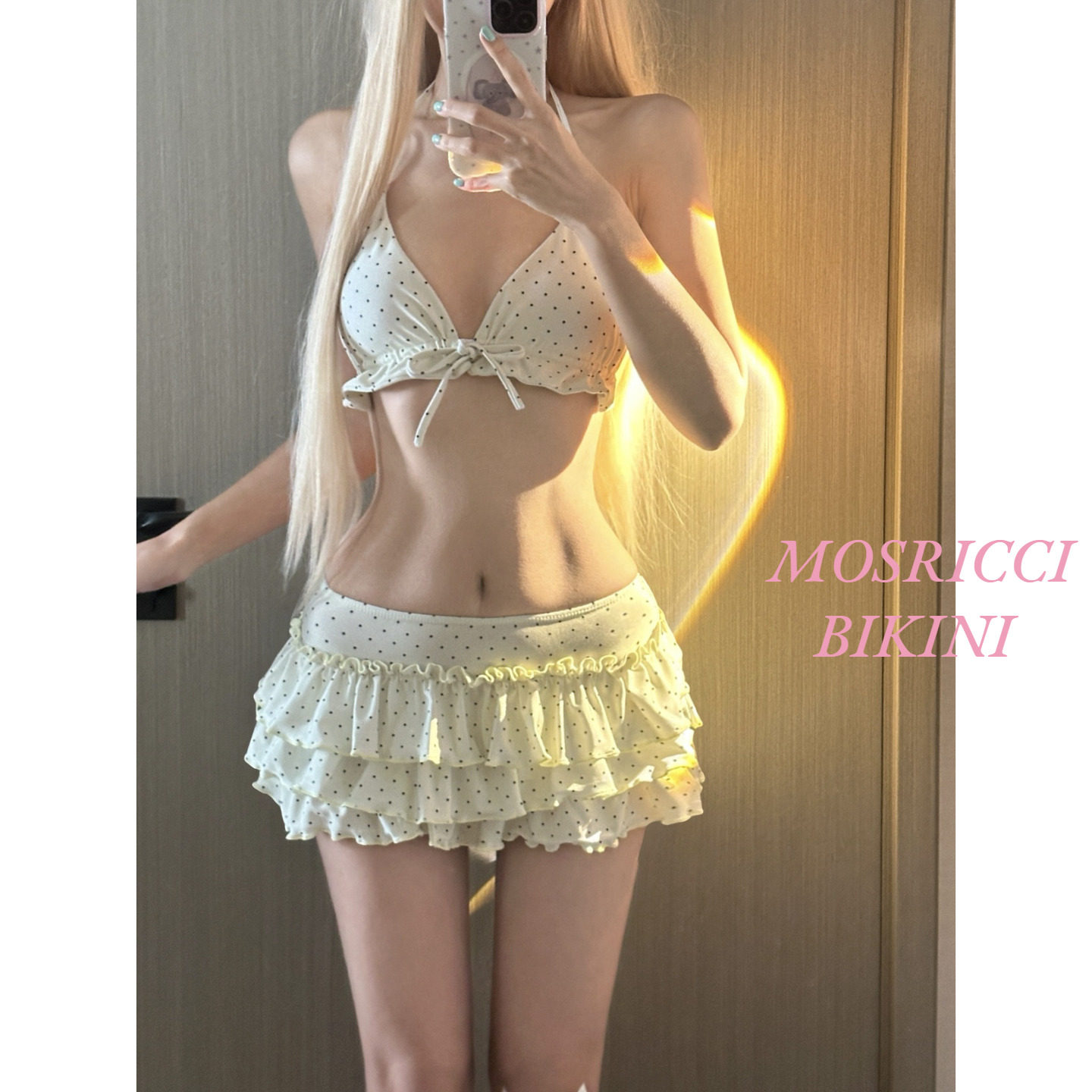 法式甜美波点蝴蝶结蛋糕裙纯欲风分体泳衣女三件套比基尼小胸遮肚