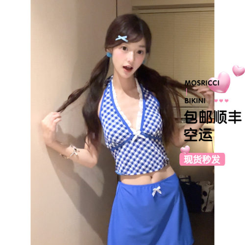 蓝格子设计感韩版分体泳衣女