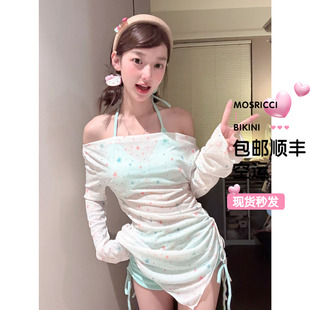 轻薄三件套 y2k防晒保守分体泳衣女小胸学生平角裤 碎花长袖 罩衫