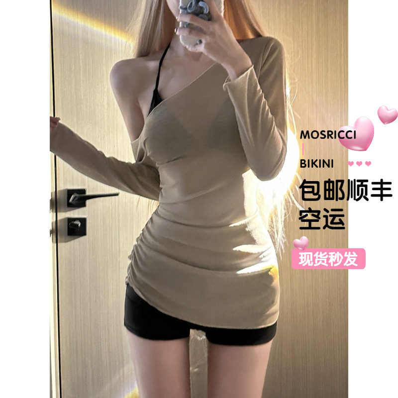 长袖罩衫防晒斜肩性感修身遮肉分体泳衣比基尼女平角裤保守沙滩