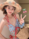 泰国少女樱桃吊带四件套保守分体泳衣女比基尼小清新水上乐园裙式