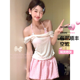 韩版 遮肉遮肚保守学生水上乐园 少女格子粉色分体泳衣女泡泡裙短袖