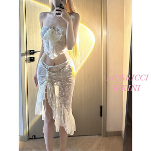 泰国性感比基尼分体泳衣女纯欲辣妹度假沙滩温泉荷叶边长裙抹胸