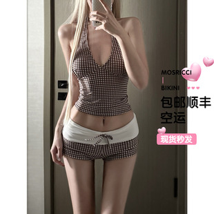 欧美辣妹泰国性感挂脖格子比基尼分体泳衣女小胸聚拢温泉度假沙滩