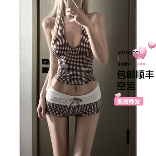 欧美格子分体泳衣女超级辣