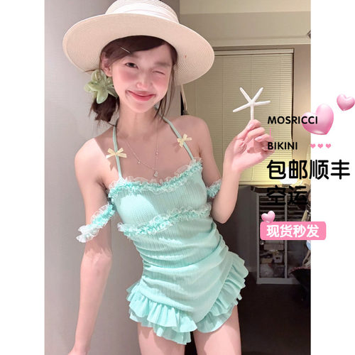 青椰薄荷糖连体花边泳衣
