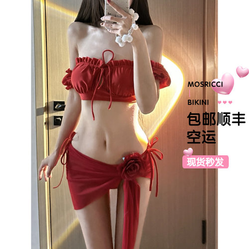 大红色网红款泡温泉比基尼