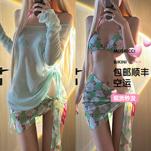 宽松遮肉防晒长袖 樱桃印花可爱少女 Y2K比基尼分体泳衣遮挡巾罩衫
