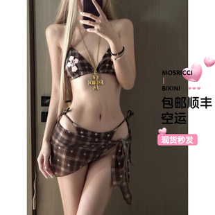 克 遮肉三件套小胸泳衣 罗X十字架性感三角比基尼纱裙网红Y2K罩衫