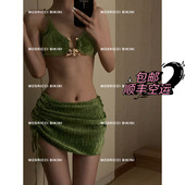 mosricci丝绒欧美ins风比基尼三件套罩裙性感分体泳衣女度假沙滩