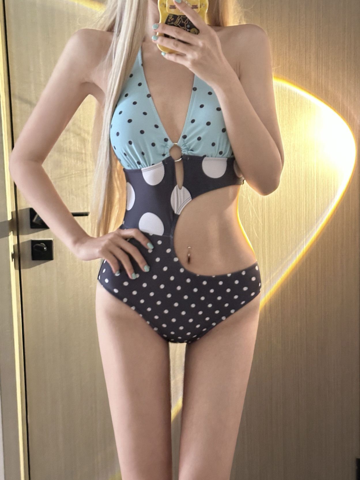 泰国欧美性感露腰连体泳衣女波点辣妹美背三角纯欲连体衣绑带小胸