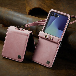 适用 三星zflip7手机壳粉色复古皮质外壳zflip6商务简约全包高级zflip5经典高端时尚男女挂绳铰链z flip4防摔