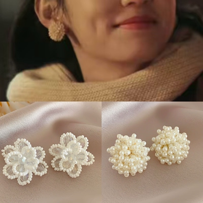 夏晓兰周也同款耳环女白色贝壳花朵仿珍珠耳钉小花耳饰显脸小耳坠