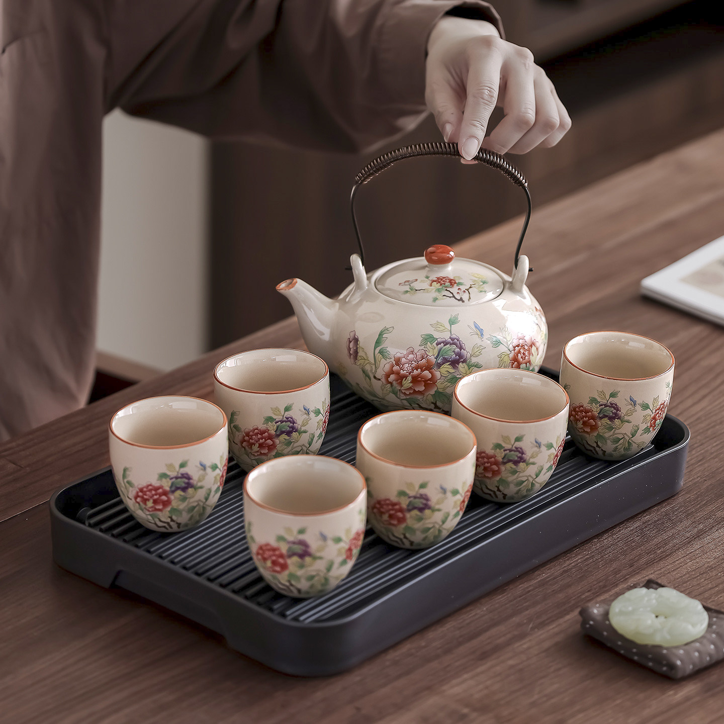 陶瓷釉上彩提梁壶茶具套装大壶大杯凉水壶泡茶壶家用客厅草木灰,餐饮具,整套茶具,淘宝优惠券,粉丝福利购,淘宝优惠卷