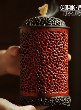 曹堂印度小叶紫檀木盘根纹香筒