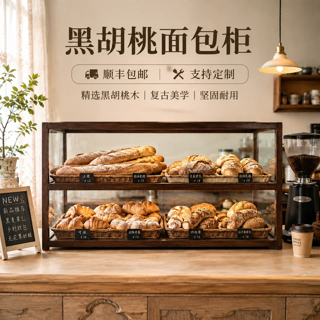 实木亚克力防尘面包展示柜商用图片