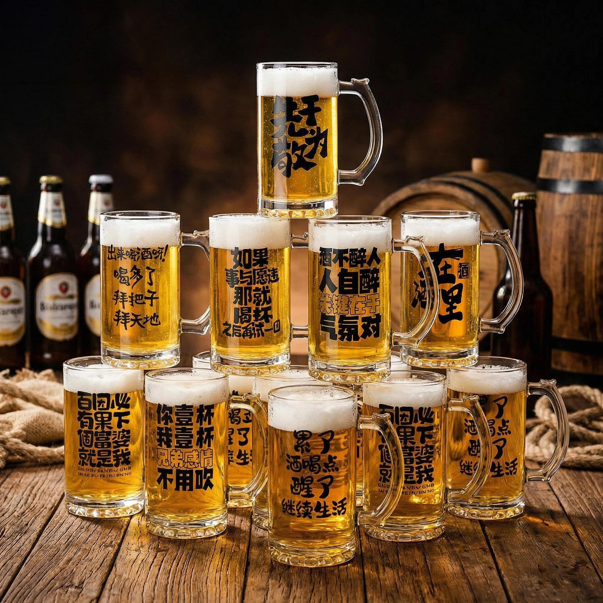 整箱批发带把扎啤杯500ML刻字网红创意酒杯高级文案玻璃杯烧烤店