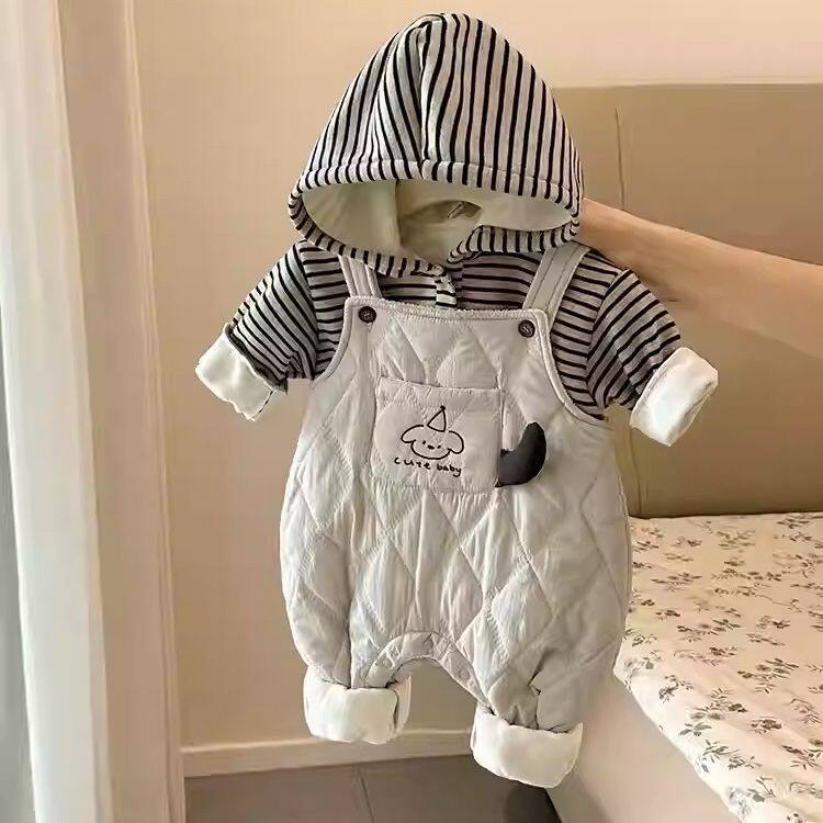 婴儿夹棉棉背带裤套装秋冬装新款男宝宝加绒连帽卫衣裤保暖两件套