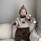 婴儿加绒卫衣套装 子两件套 小熊宝宝保暖可爱周岁上衣裤 秋冬款 韩版