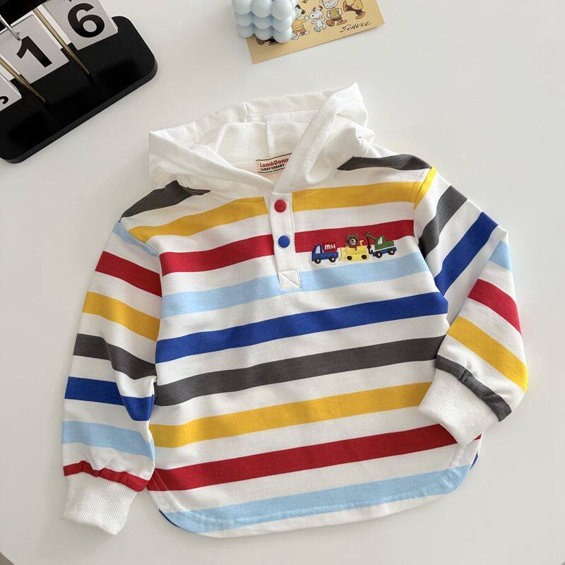 儿童纯棉连帽卫衣春秋装新款男女宝宝彩虹条纹洋气长袖上衣潮款