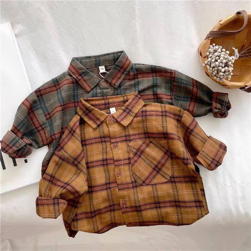 儿童长袖格子衬衫韩版春秋潮洋气宽松男女宝宝宝磨毛衬衣上衣外套