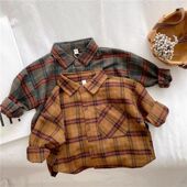 春秋潮洋气宽松男女宝宝宝磨毛衬衣上衣外套 韩版 儿童长袖 格子衬衫