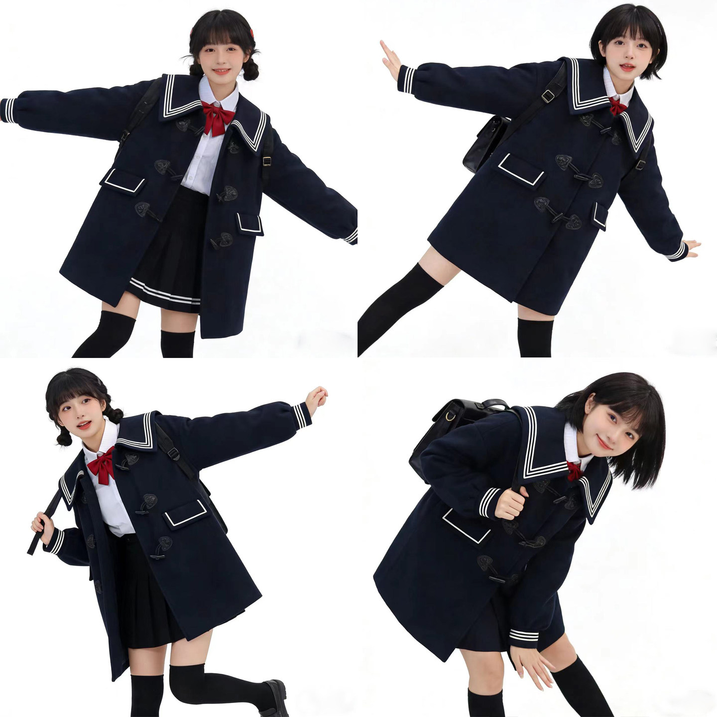 jk风藏青色毛呢外套JK三本制服海军领牛角扣学院风女中长款套装